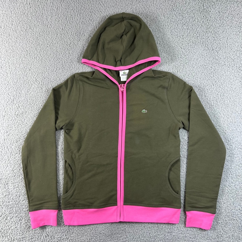 Lacoste Full Zip Hoodie‎ Women US M (EU/8) Olive Green Pink Logo Stretch VTG NWT